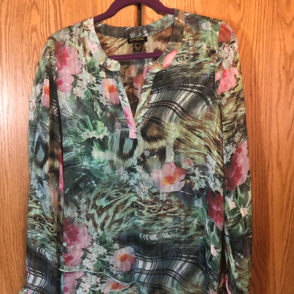 Cartise asymmetrical hi-lo chiffon floral blouse green and pink